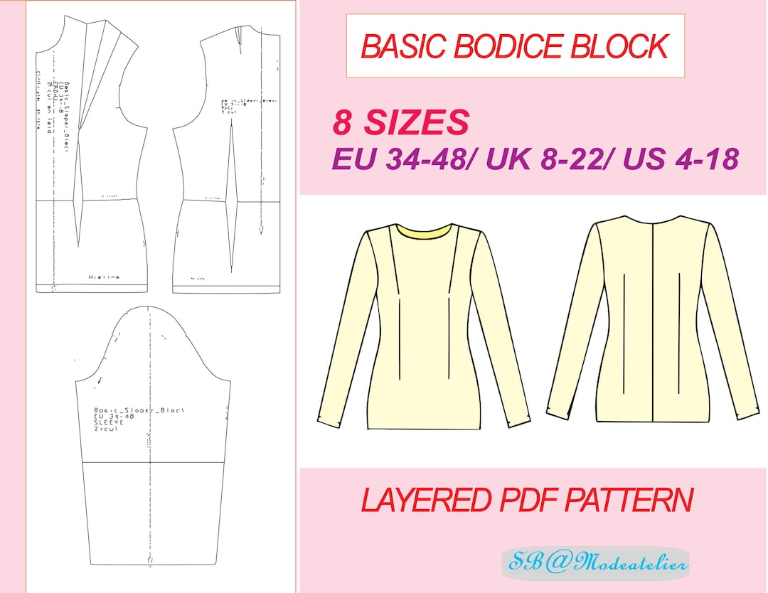 Basic Bodice Block Pattern/8 Sizes/eu 34-48/UK 8-22 /US 4-18/basic ...