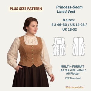 Pode incluir: Um padrão plus size para um colete forrado com costuras princesa. A imagem mostra uma mulher vestindo um colete marrom com botões dourados sobre uma blusa creme. O padrão inclui 8 tamanhos, EU 46-60 / US 14-28 / UK 18-32, e está disponível para download em PDF multi-formato.