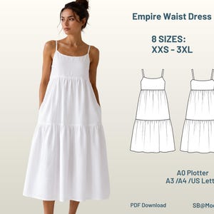 Puede incluir: Un vestido blanco de talle imperio con tirantes finos y falda escalonada. La imagen incluye un dibujo técnico del vestido, el texto Empire Waist Dress, 8 SIZES: XXS - 3XL, A0 Plotter, A3 /A4 /US Letter, PDF Download y SB@Modeatelier.