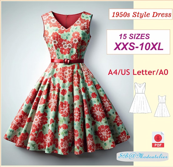 1950s Style Flared Dress Pattern: Plus Size Cottagecore (PDF Pattern)