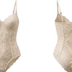 May include: A beige lace bodysuit with adjustable straps. The lingerie features a scalloped neckline and a floral lace pattern. The front and back views are displayed, showcasing the intricate design and construction of the garment.