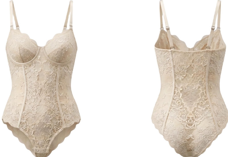 May include: A beige lace bodysuit with adjustable straps. The lingerie features a scalloped neckline and a floral lace pattern. The front and back views are displayed, showcasing the intricate design and construction of the garment.