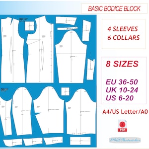 Könnte beinhalten: Ein digitales Schnittmuster für einen grundlegenden Oberkörperblock mit 4 Ärmeln, 6 Kragen und 8 Größen. Das Schnittmuster ist in den Größen EU 36-50, UK 10-24 und US 6-20 erhältlich. Das Schnittmuster ist in den Formaten A4, US Letter und A0 erhältlich. Das Schnittmuster ist im PDF-Format.