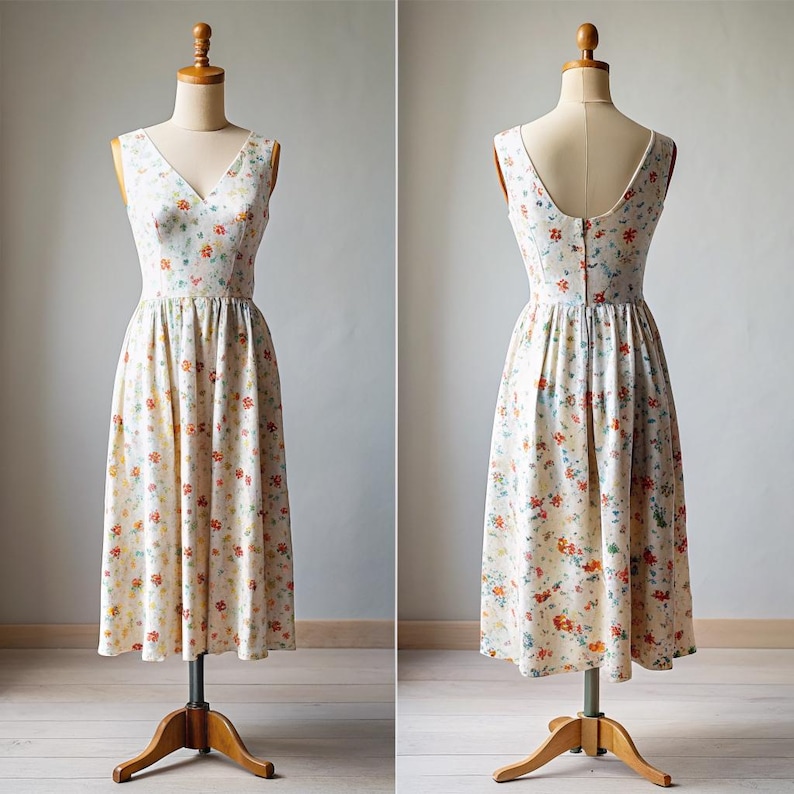 May include: A sleeveless white dress with a floral print. The dress has a v-neckline and a fitted bodice. The skirt is full and flows to the knee. The dress is on a white background.