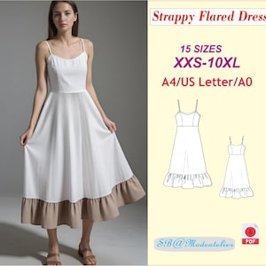 Flared Strappy Dress Sewing Pattern: Midi Sundress, Plus Size (PDF Pattern)