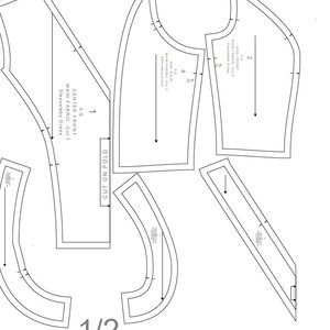 May include: A black and white sewing pattern for a sleeveless dress. The pattern includes instructions for cutting on the fold, side front, and center front pieces. The pattern is labeled with numbers 1 and 2.