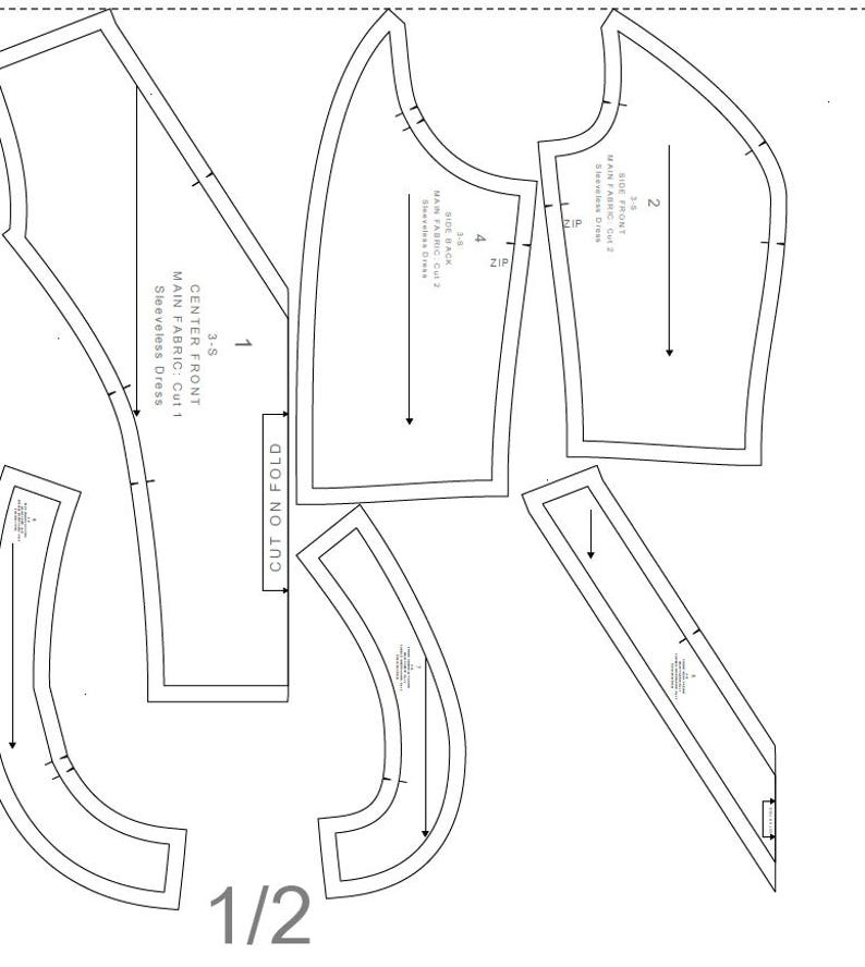 May include: A black and white sewing pattern for a sleeveless dress. The pattern includes instructions for cutting on the fold, side front, and center front pieces. The pattern is labeled with numbers 1 and 2.