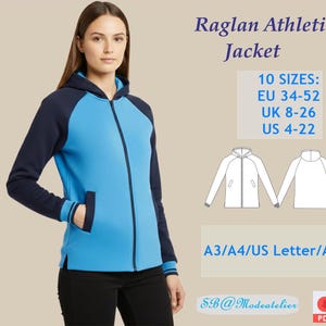 Patrón de costura para sudadera con cremallera para mujer, mangas raglán y aberturas laterales, corte ajustado, PDF digital, talla grande