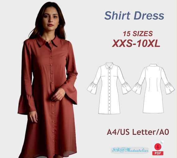 Long Sleeve Shirt Dress Sewing Pattern: XXS-10XL (PDF Pattern) - Etsy