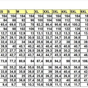 May include: A size chart for clothing with measurements in centimeters for different sizes, ranging from XXS to 10XL. The chart includes measurements for height, bust girth, waist girth, hip girth, shoulder width, biceps girth, chest width, back waist length, crotch depth, front waist length, under bust circumference, sleeve length, back width, bust height, neck girth, and bustpoint distance.
