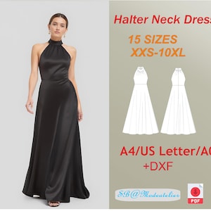 May include: A black halter neck dress with a long skirt. The dress is shown on a model. The image also includes a digital pattern for the dress in 15 sizes, from XXS to 10XL. The pattern is available in A4, US Letter, A0, and DXF formats.