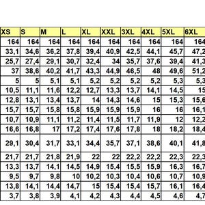 May include: A chart showing measurements in inches for different sizes of clothing, from XXS to 10XL. The chart includes measurements for height, bust girth, waist girth, hip girth, shoulder width, biceps girth, chest width, back waist length, crotch depth, front waist length, under bust circumference, sleeve length, back width, bust height, neck girth, and bustpoint distance.