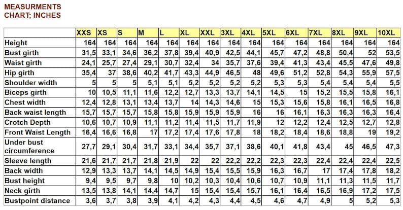 May include: A chart showing measurements in inches for different sizes of clothing, from XXS to 10XL. The chart includes measurements for height, bust girth, waist girth, hip girth, shoulder width, biceps girth, chest width, back waist length, crotch depth, front waist length, under bust circumference, sleeve length, back width, bust height, neck girth, and bustpoint distance.