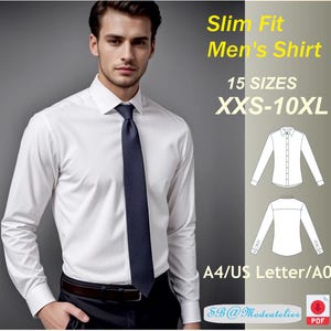Può includere: Una camicia bianca a maniche lunghe con una vestibilità slim. La camicia è mostrata su un modello che indossa una cravatta blu scuro e pantaloni neri. L'immagine include il testo "Slim Fit Men's Shirt", "15 SIZES", "XXS-10XL", "A4/US Letter/A0", e "SB@Modeatelier".