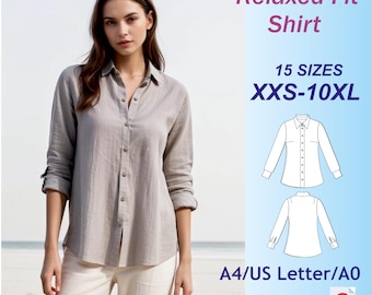 ゆったりとした着心地のシャツ型紙、リネン長袖ブラウス（XXS～10XL）（PDF型紙）