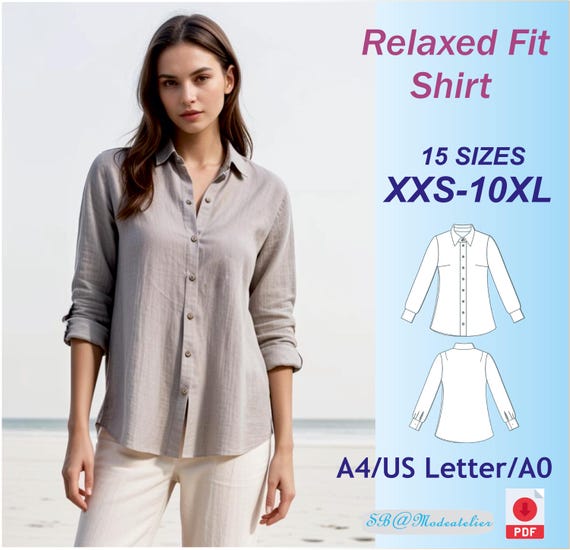 Linen Relaxed Fit Shirt Sewing Pattern: Long Sleeve Blouse (XXS-10XL) (PDF Pattern)