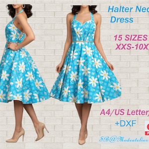 Puede incluir: Vestido azul con cuello halter y estampado de margaritas blancas. El vestido tiene un corpiño ajustado y una falda acampanada. El texto en la imagen dice "Halter Neck Dress", "15 SIZES XXS-10XL", y "A4/US Letter/A0 +DXF".