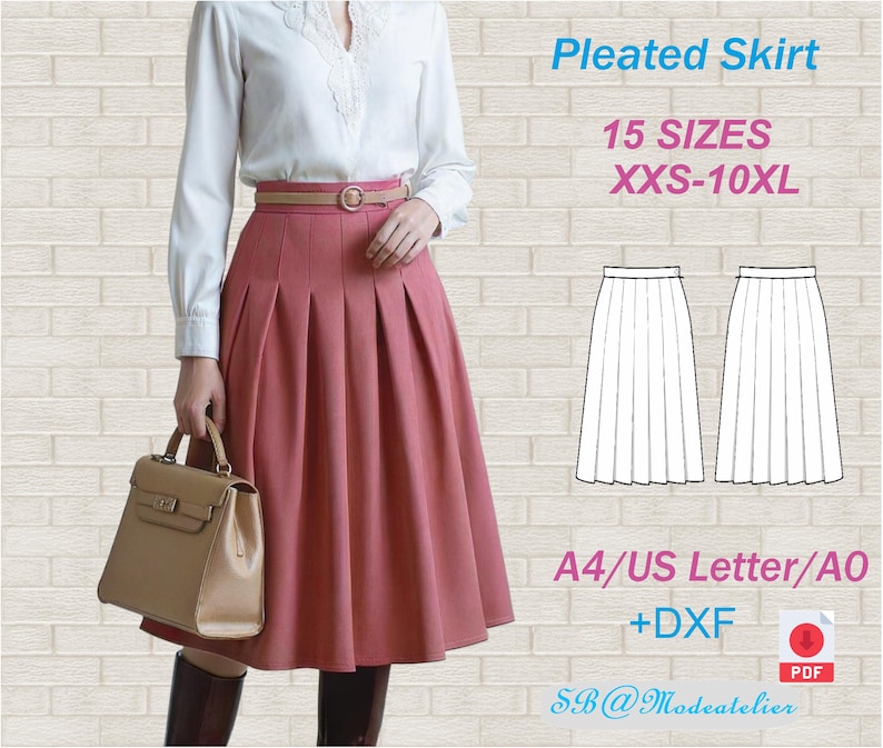 Peut inclure: Une femme porte une jupe pliss&eacute;e rose poudr&eacute; avec une ceinture assortie et un sac &agrave; main beige. L'image comprend le texte "Pleated Skirt", "15 SIZES XXS-10XL" et des sch&eacute;mas de jupe. La jupe est de longueur midi.