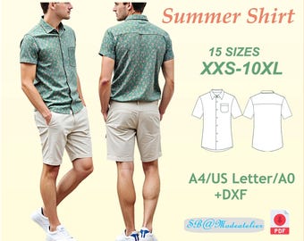 Men's Short Sleeve Shirt Sewing Pattern: Sizes XXS-10XL (PDF Pattern, DXF File)