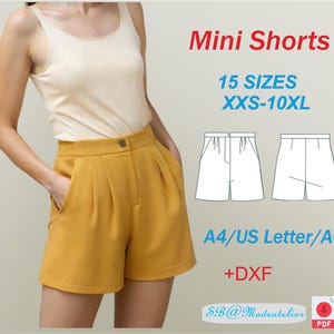 May include: A digital sewing pattern for mini shorts in 15 sizes, from XXS to 10XL. The pattern includes instructions for cutting and sewing the shorts, as well as a list of materials needed. The pattern is available in A4, US Letter, and AO sizes, and includes a DXF file.