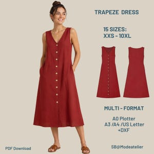May include: A sleeveless, knee-length trapeze dress in a deep red colour featuring a V-neckline and a front button placket. The text reads TRAPEZE DRESS, 15 SIZES: XXS - 10XL, MULTI-FORMAT, A0 Plotter, A3 /A4 /US Letter +DXF, and PDF Download.