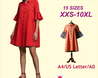 Loose Shirt Dress Sewing Pattern: Midi Length, XXS-10XL (PDF Pattern) -  Etsy Canada
