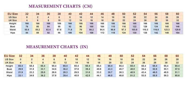 May include: A two-part measurement chart displaying clothing sizes in EU, US, and UK formats. The top section provides metrics in centimeters for height, bust, waist, and hips, while the bottom section provides the same data in inches.