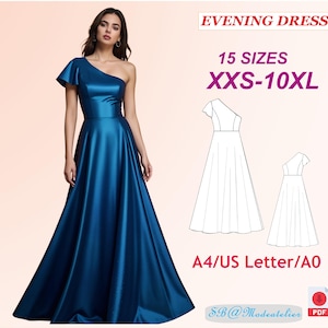 Könnte beinhalten: Ein digitales Schnittmuster für ein Abendkleid mit einer Schulter. Das Schnittmuster umfasst 15 Größen, von XXS bis 10XL, und ist in den Formaten A4, US Letter und A0 erhältlich. Das Schnittmuster ist für ein langes, fließendes Kleid mit einem taillierten Oberteil und einem weiten Rock. Das Kleid ist in blaugrün dargestellt.