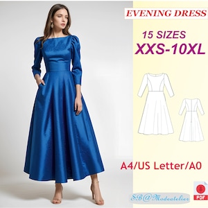 Puede incluir: Un vestido de noche azul real con cuello redondo, mangas largas y falda amplia. El vestido tiene bolsillos y lo lleva una modelo. El texto en la imagen dice "EVENING DRESS" y "15 SIZES XXS-10XL".