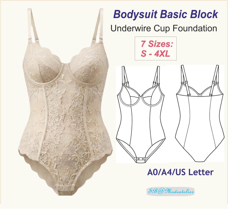 May include: A beige bodysuit with floral lace detailing, underwire cups, and adjustable straps. The image also includes a line drawing of the bodysuit and text that reads "Bodysuit Basic Block Underwire Cup Foundation" and "7 Sizes: S-4XL".