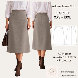 May include: A grey A-line jeans skirt shown from front and back views, featuring a high waistband and side pockets. Text includes A-Line Jeans Skirt, 15 SIZES: XXS - 10XL, A0 Plotter, A3 /A4 /US Letter + Projector, PDF Download, and SB@Modeatelier.