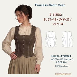 Può includere: Un gilet marrone con cuciture principessa, scollatura quadrata e chiusura con bottoni. Il gilet è indossato sopra una camicetta color crema e una gonna beige. Include il testo "Princess-Seam Vest" e taglie EU 34-48.