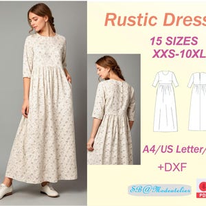 Puede incluir: Un patrón de costura digital para un vestido rústico en 15 tallas, desde la XXS hasta la 10XL. El patrón incluye instrucciones para coser el vestido en tamaños A4, US Letter y A0, así como un archivo DXF.