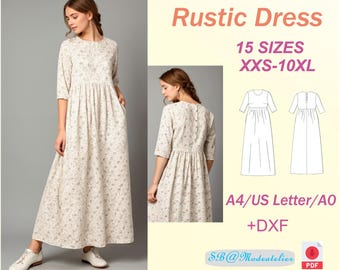 Patrón de vestido estilo cottagecore: Vestido de lino de talle alto estilo campestre (XXS-10XL)