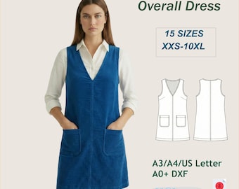 V-Neck Pinafore Dress Sewing Pattern, Women's Jumper with Pockets (PDF Pattern XXS-10XL)