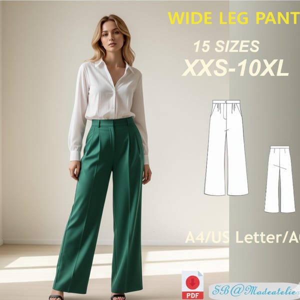 Wide Leg Pants Sewing Pattern: Women's Trousers (XXS-10XL) (PDF Pattern)