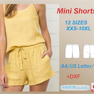 Modello di mini shorts in lino: elastico in vita, tasche (XXS-7XL) (PDF/DXF)