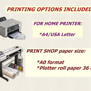 May include: Image showing printing options, including a home printer and a large format printer. Text indicates A4/USA Letter size for home printers and A0 format with 36-inch plotter roll paper for print shops.