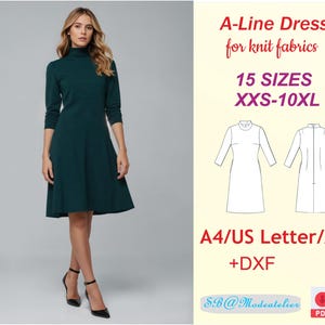 May include: A-line dress sewing pattern for knit fabrics in 15 sizes, from XXS to 10XL. The pattern includes A4/US Letter/A0 and DXF files.  The pattern is shown on a white background with a model wearing a green dress.