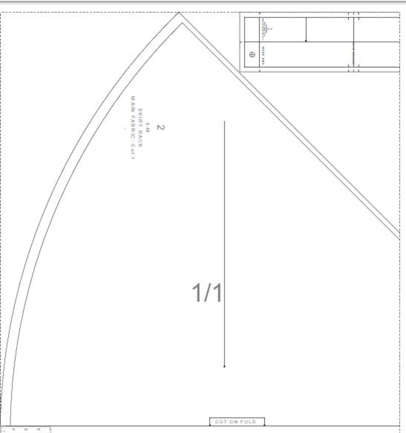 May include: A sewing pattern for a skirt back, labeled "Skirt Back 4-11 Main Fabric Cut 1" and "2/1". The pattern is on a white background with black lines.