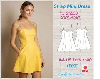 May include: A bright yellow strap mini dress with a fitted bodice and flared skirt. The dress has thin straps and pockets. The image also includes a line drawing of the dress and text that reads "Strap Mini Dress, 15 Sizes, XXS-10XL."