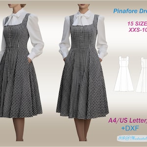 Può includere: Due donne indossano un abito a quadri bianchi e neri sopra una camicetta bianca con fiocco. L'abito ha uno scollo quadrato e tasche. Il testo sull'immagine recita "Pinafore Dress, 15 Sizes, XXS-10XL, A4/US Letter/A0 +DXF".