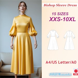 Bishop Sleeve Dress Sewing Pattern/ Balloon Sleeve Dress /Retro Dress PDF Pattern /Midi Dress Pattern /Cottagecore Dress /Plus Size Pattern