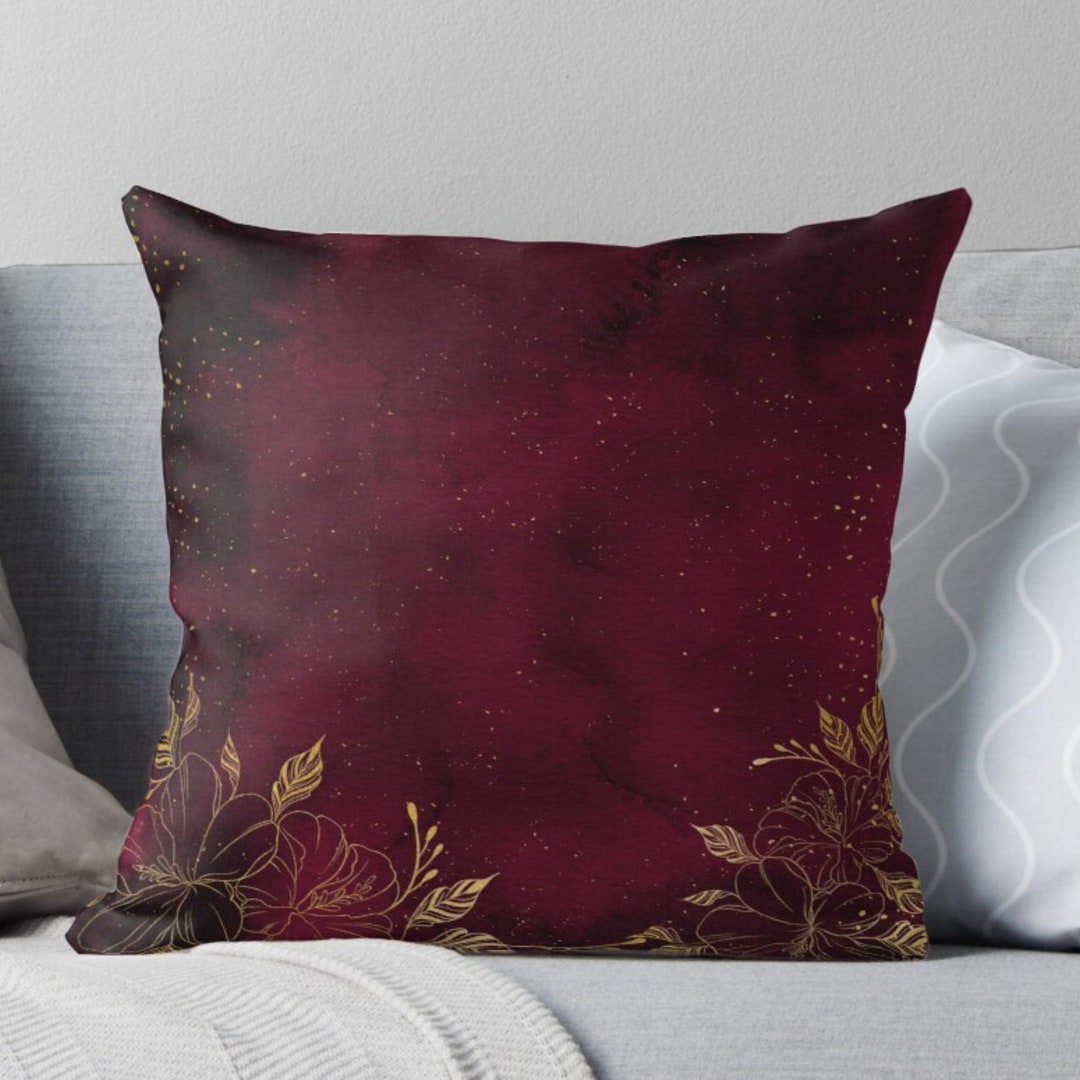 Watercolour Burgundy Cushion Covers With Gold Detail Pillow Etsy UK