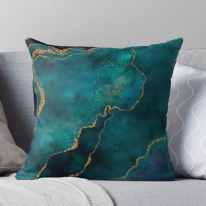 Teal Blue Agate Cushion Cover, Abstract Pillow Cover, Throw Pillow Cover, Cushion Cover UK, 12x12'' To 31x31", Cotton, White Linen, Satin