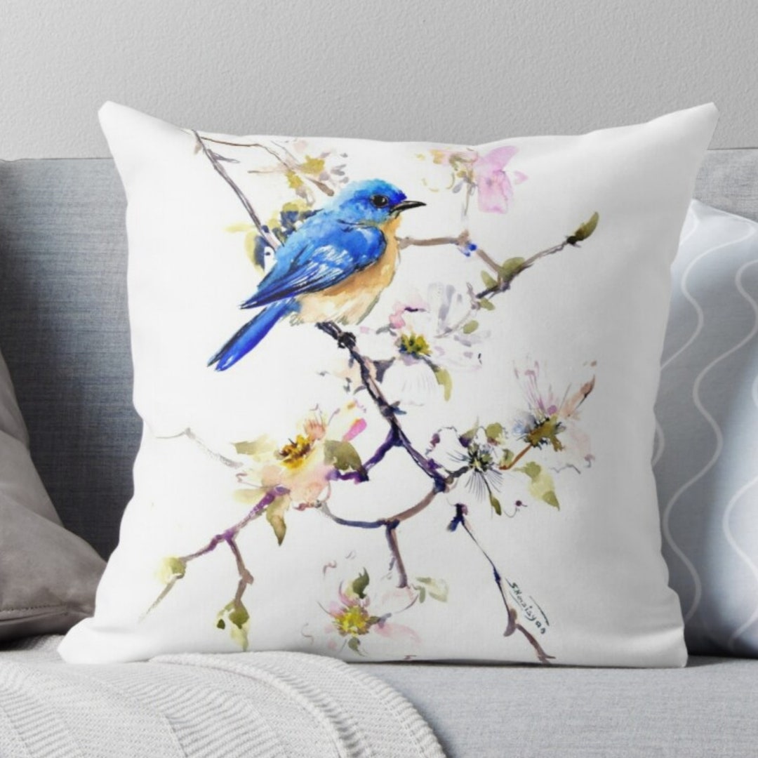 Blue Bird Decorative Throw Pillow Covers Art Deco Pillow Etsy