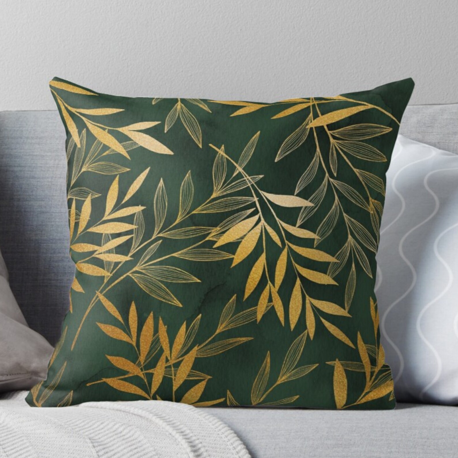 Green Cushion Covers With Gold Tropical Leaves Pillow Covers Etsy UK