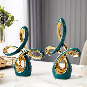 Abstract Art Teal Green & Gold Ceramic Ornaments, Modern Stylish Home Decor For Living Room, Bedroom, Office