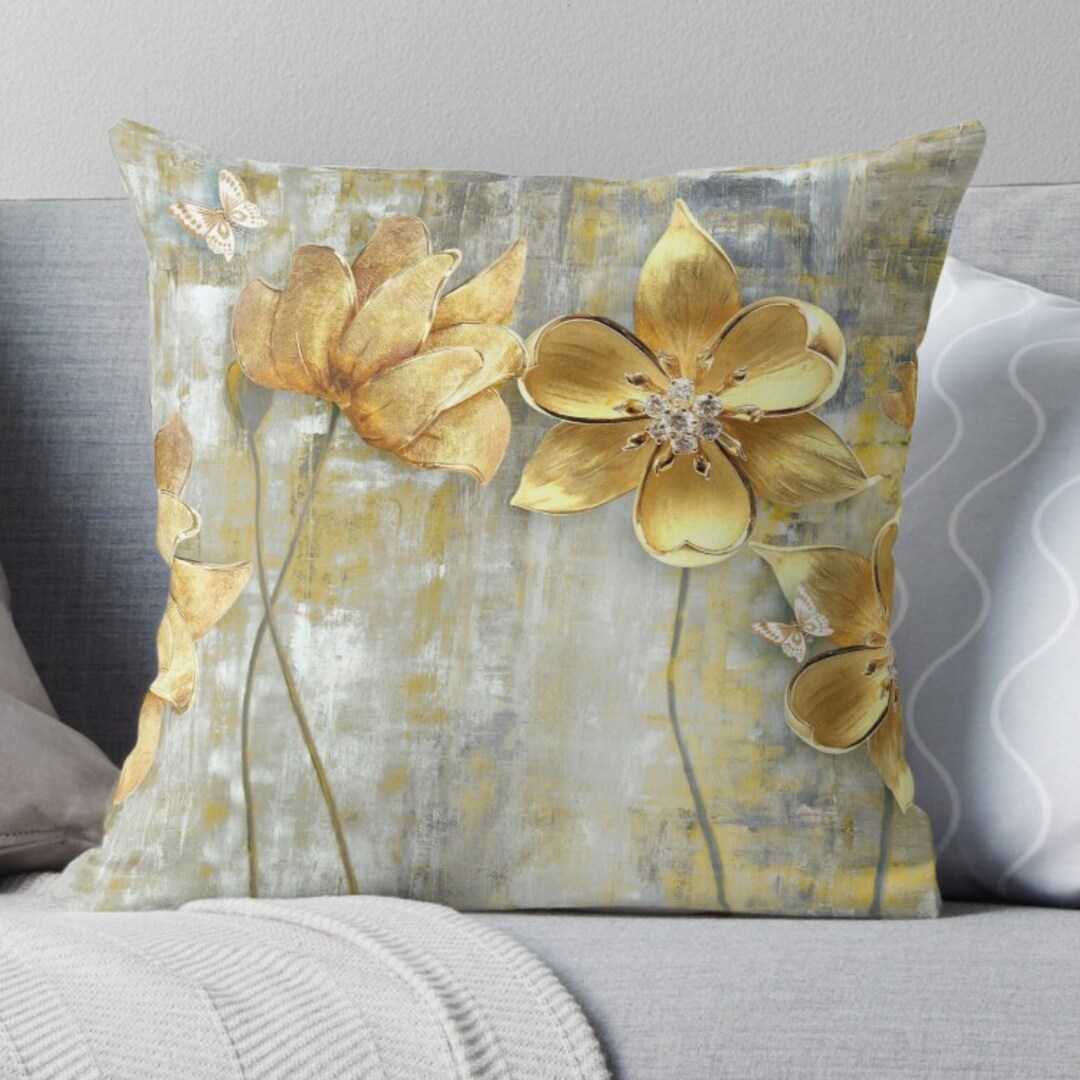 Abstract Floral Decorative Pillow Covers, Cushion Covers UK Grey & Gold
