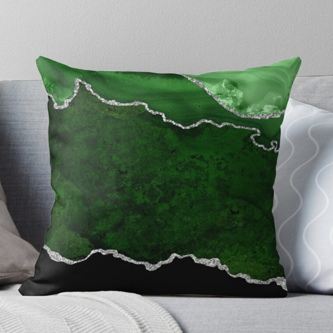 Abstract Cushion Covers UK Emerald Green & Silver Pillow Etsy